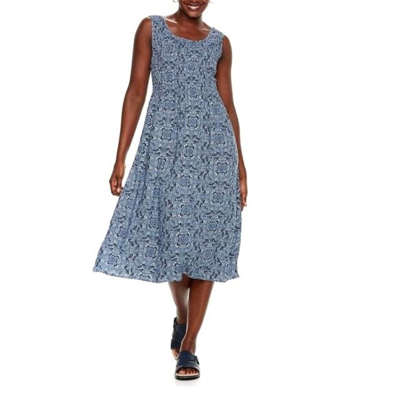 Croft & Barrow Blue Print Smocked Bodice Midi Dress Size 1X 16 18 Plus Sz Summer - Picture 8 of 8